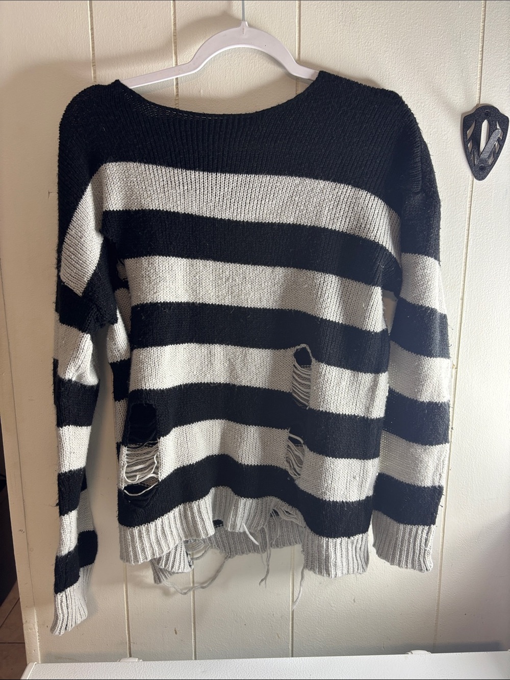 526 - Striped Black & White Distressed Women's Sweater